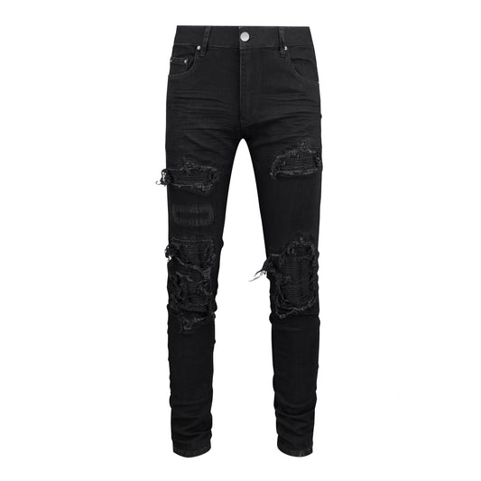 Men's Slim Fit Black Jeans with Patchwork, Wrinkle Details, and Ripped Design 569