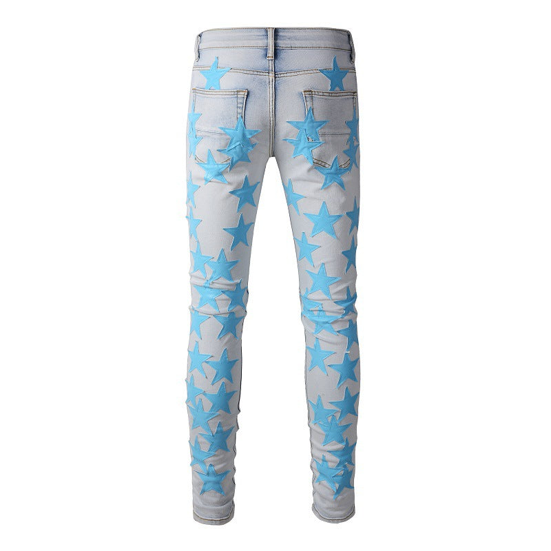 Ripped High Street Sticker Star Jeans High Craftsmanship Elastic Slim Fit #856