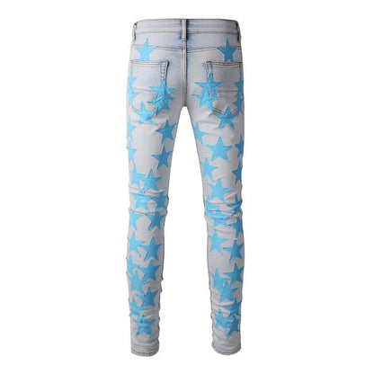 Ripped High Street Sticker Star Jeans High Craftsmanship Elastic Slim Fit #856