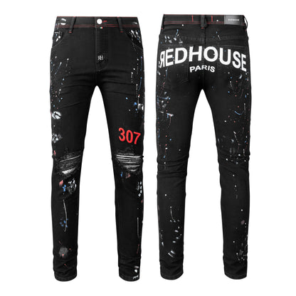 Jean slim coupe droite avec détails déchirés, brodés et peints pour un style urbain