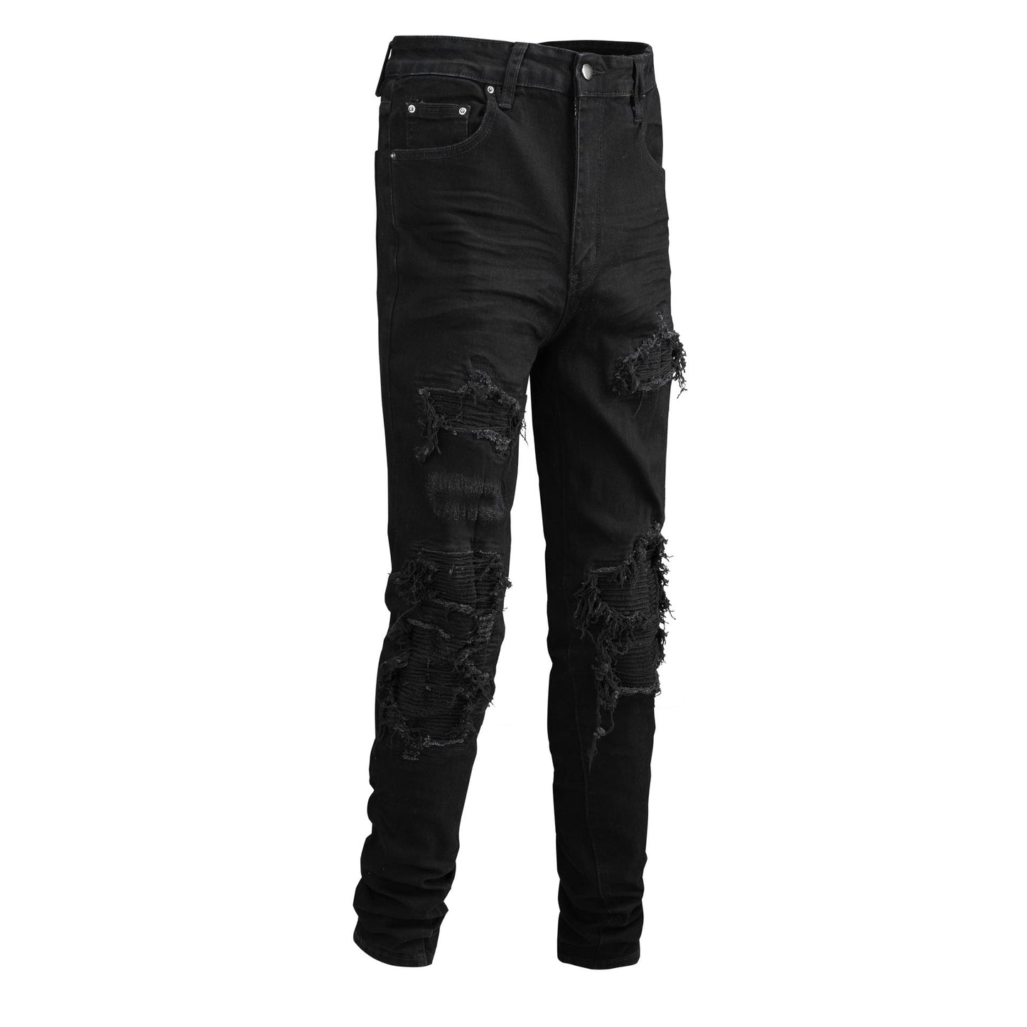 Vaqueros negros ajustados para hombre con parches, detalles arrugados y diseño roto 569