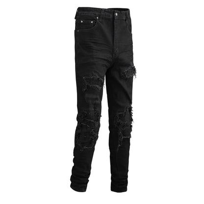Vaqueros negros ajustados para hombre con parches, detalles arrugados y diseño roto 569