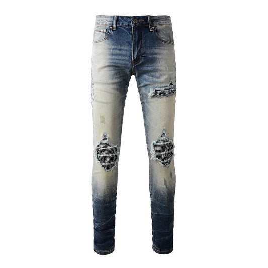 High Street Jeans Men's Ripped Patch Diamond Beggar Jeans #1331