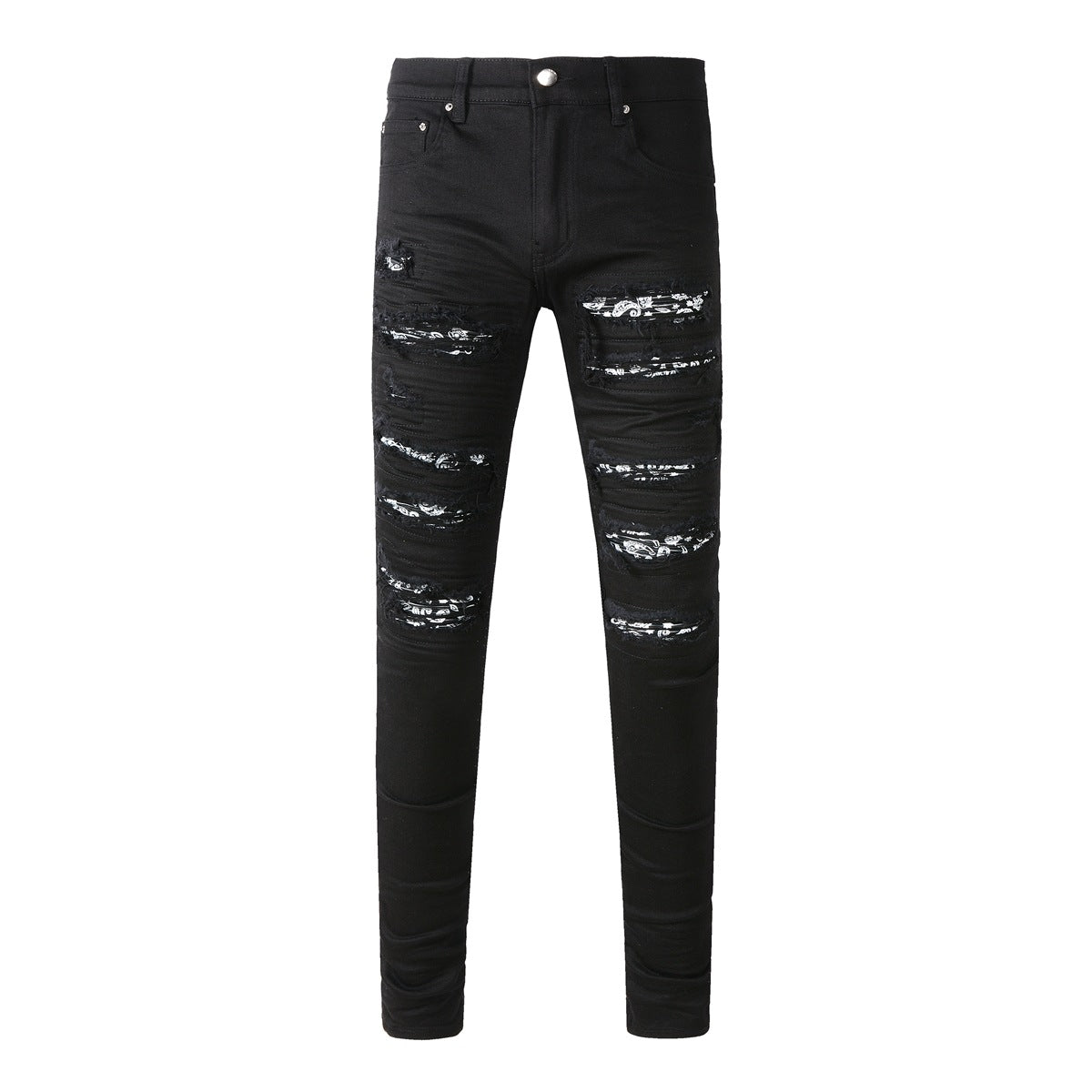 Jean slim stretch noir avec design polyvalent et empiècements en similicuir 8607