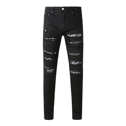 Jean slim stretch noir avec design polyvalent et empiècements en similicuir 8607
