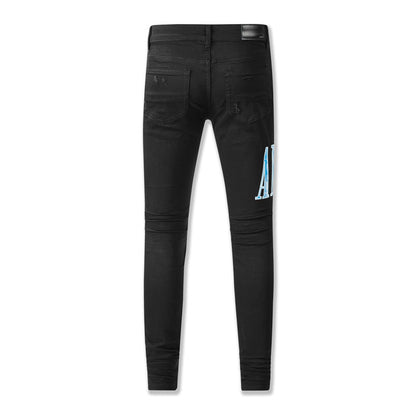 NOUVEAU THOM Black wear lettres bleues personnalité vintage mode jean déchiré 8805