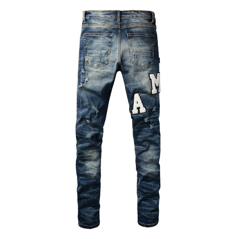 High Street Jeans Embroidered Letter Ripped Patch Elastic Slim fitting Pants #1314