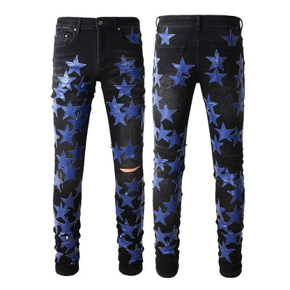 Jeans Pentagram Splicing Jeans High Craft Elastic Slim High Street Jeans 