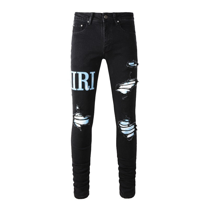 High Street Jeans Men's Ripped Patch Slim and Thin Light Blue Pants #1315