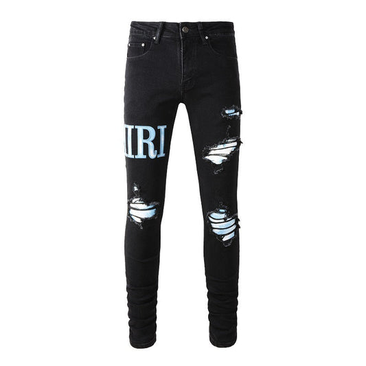 High Street Jeans Men's Ripped Patch Slim and Thin Light Blue Pants #1315
