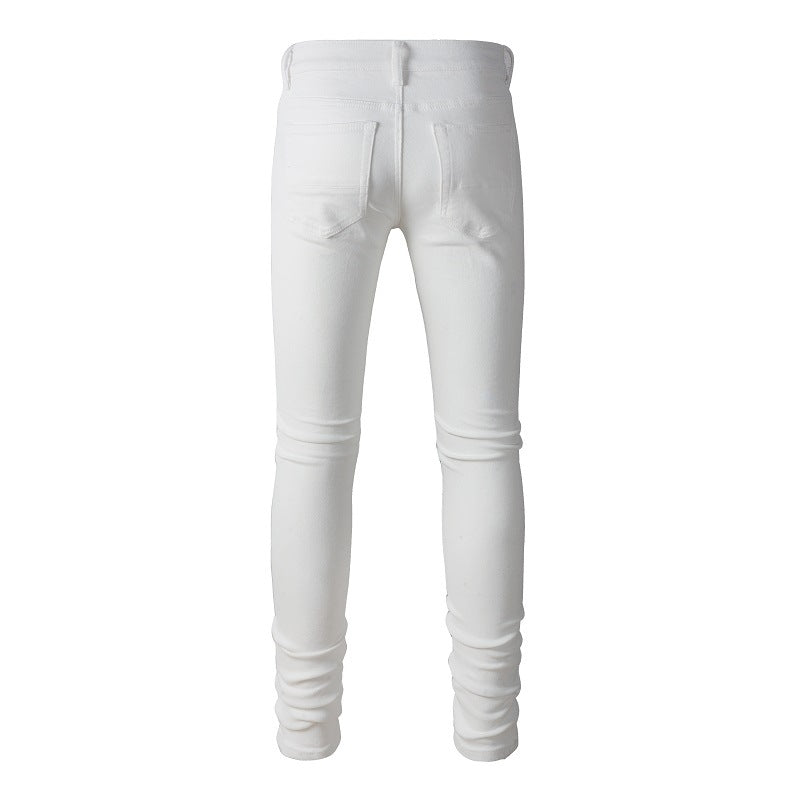 High Street White Slim Fit Elastic Ripped Patch Denim Casual Pants #843
