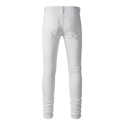 High Street White Slim Fit Elastic Ripped Patch Denim Casual Pants #843
