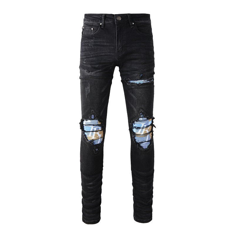 Street Washing Craft Letter Patch Jeans Retro Men's Stretch Slim Jeans