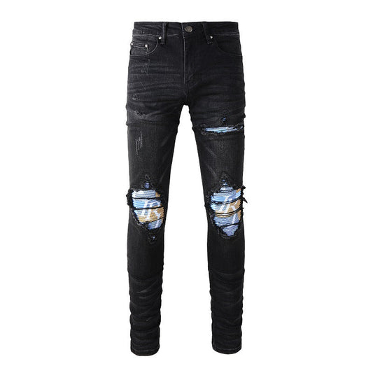 Street Washing Craft Letter Patch Jeans Retro Men's Stretch Slim Jeans
