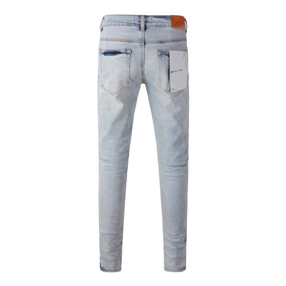 9048 Jean skinny violet pour homme avec détails déchirés Pantalon de motard en denim à la mode avec patchs et design imprimé Jeans violet