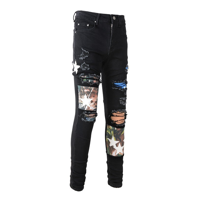 899 High Street Ripped Jeans Homme Patch Splicing Patch Star Slim Small Foot Jeans 