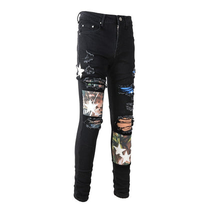 899 High Street Ripped Jeans Homme Patch Splicing Patch Star Slim Small Foot Jeans 