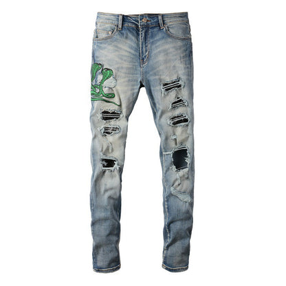 6561 Embroidered Cobra Ripped Patch Jeans Stretch Slim High Street Jeans
