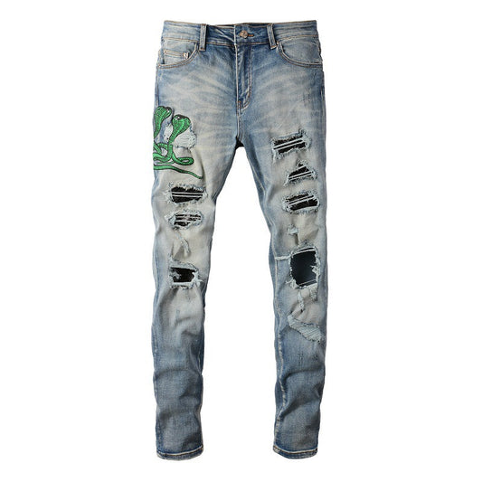 6561 Embroidered Cobra Ripped Patch Jeans Stretch Slim High Street Jeans
