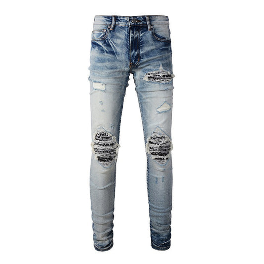 6666 High Street Ripped Patch Jeans Retro Men's Elastic Slim High Street Denim