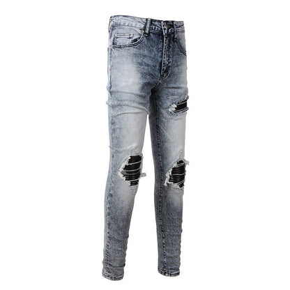 Retro Jeans Men's Pu Leather Ripped Patch Slim Fit Jeans #1338