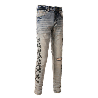 871 Jeans, Ripped Embroidered Bones, Skin Stickers, Elastic, Slim fitting Small footed Jeans