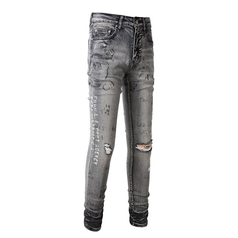 Street Denim Ripped Micro elastic Cotton Youth Gray Paint splashed Slim Jeans 879