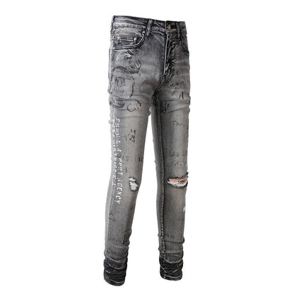 Street Denim Ripped Micro elastic Cotton Youth Gray Paint splashed Slim Jeans 879