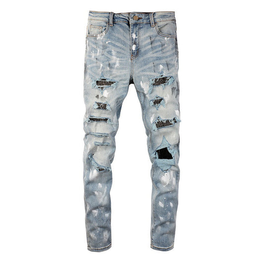 Slim fit High Street Jeans Paint Diamond Encrusted Ripped Patch Men's Jeans 6626