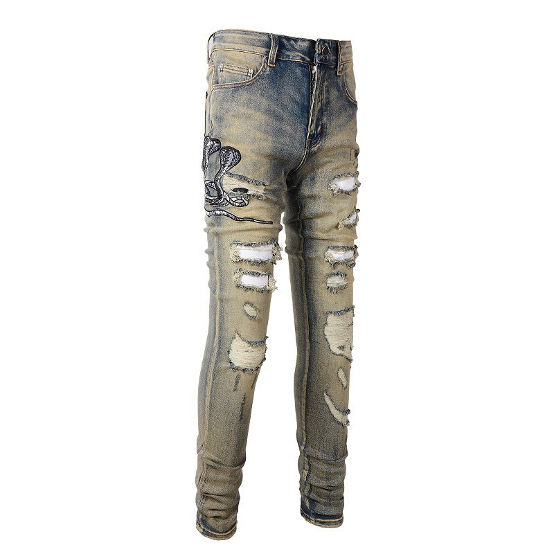611 Retro Embroidered Cobra Ripped Patch Jeans Elastic Slim Denim