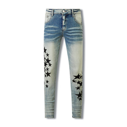 Denim bleu de style rétro avec délavage vieilli et accents en similicuir en forme d'étoile