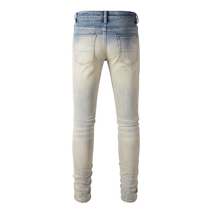 887 Street Ripped Patch Jeans High Street Slim fit Pants Jeans