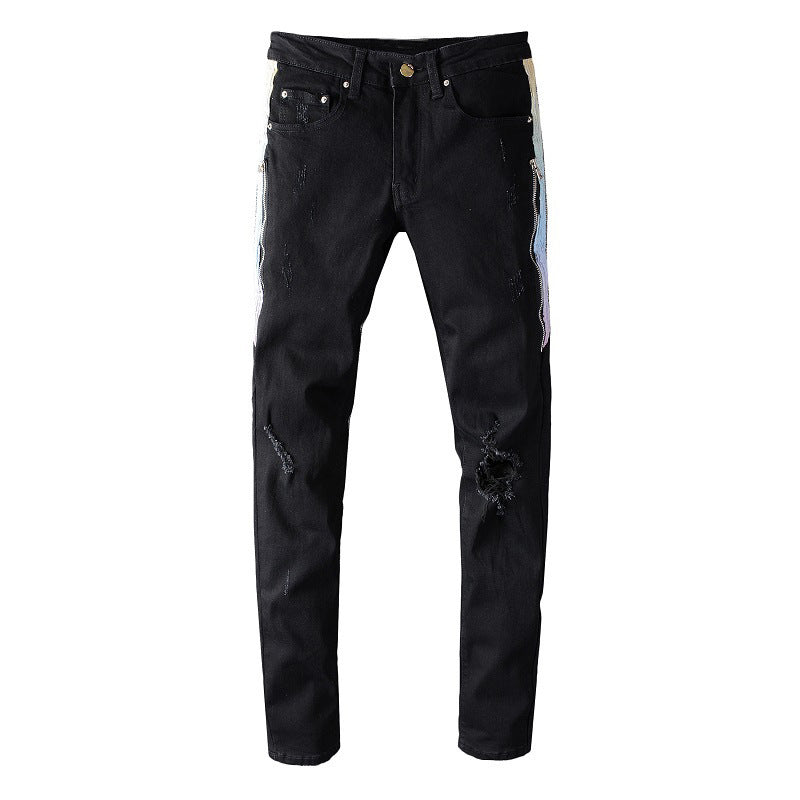 644 High Street Side Patch Hollow Beggar Slim fit Small Feet Elastic Jeans