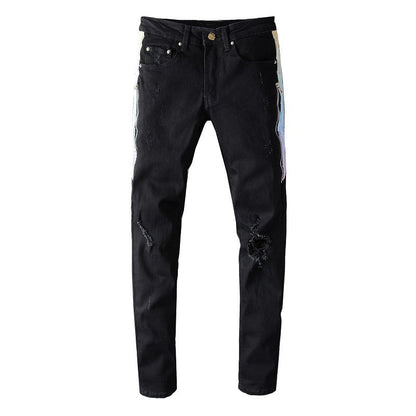 644 High Street Side Patch Hollow Beggar Slim fit Small Feet Elastic Jeans