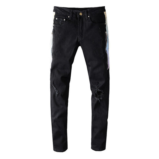 644 High Street Side Patch Hollow Beggar Slim fit Small Feet Elastic Jeans