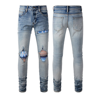 Personalized Printing Ripped Patch Jeans for Men, A Large size Jeans 1342