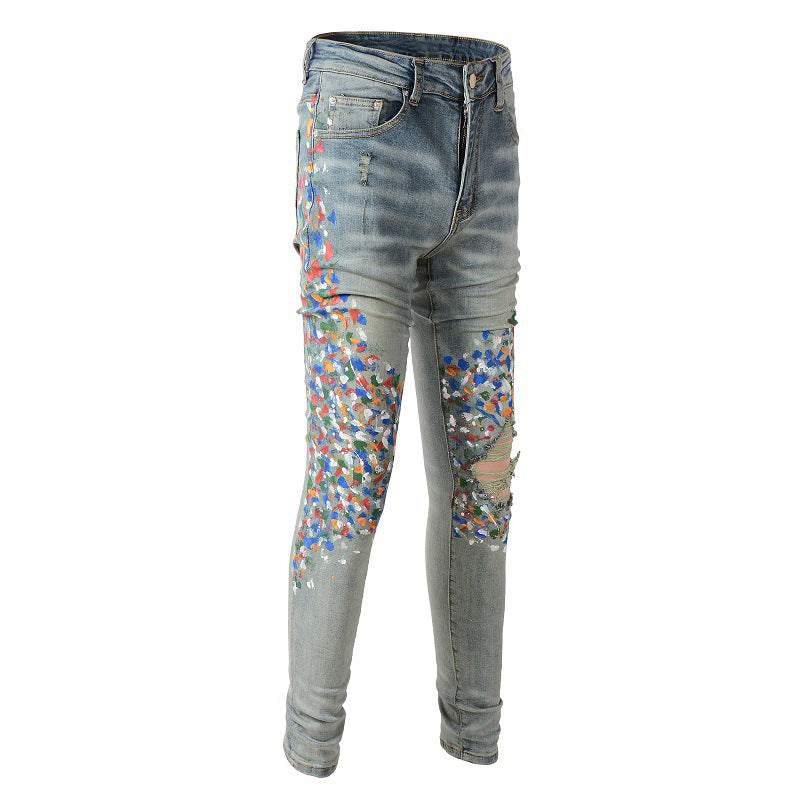 Pantalon décontracté en denim de rue en coton micro élastique pour jeunes, jeans skinny bleu avec éclaboussures de peinture #868 