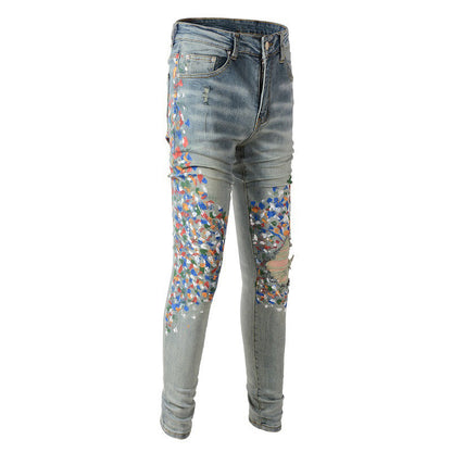 Pantalon décontracté en denim de rue en coton micro élastique pour jeunes, jeans skinny bleu avec éclaboussures de peinture #868 