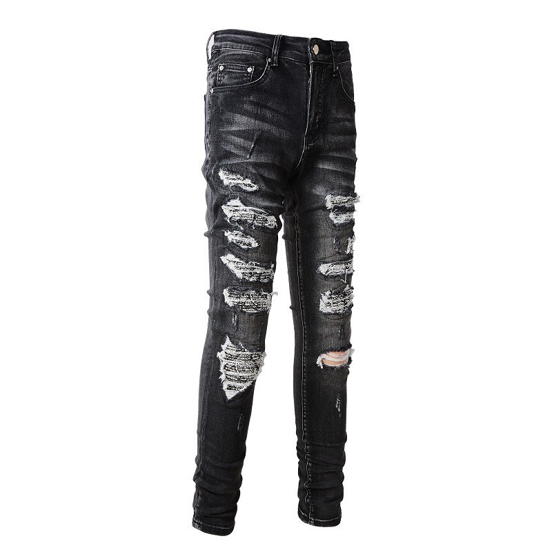 #852 High Street Jeans Are Wrapped with Holes and Patches. Slim and Thin Jeans