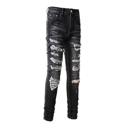 #852 High Street Jeans Are Wrapped with Holes and Patches. Slim and Thin Jeans
