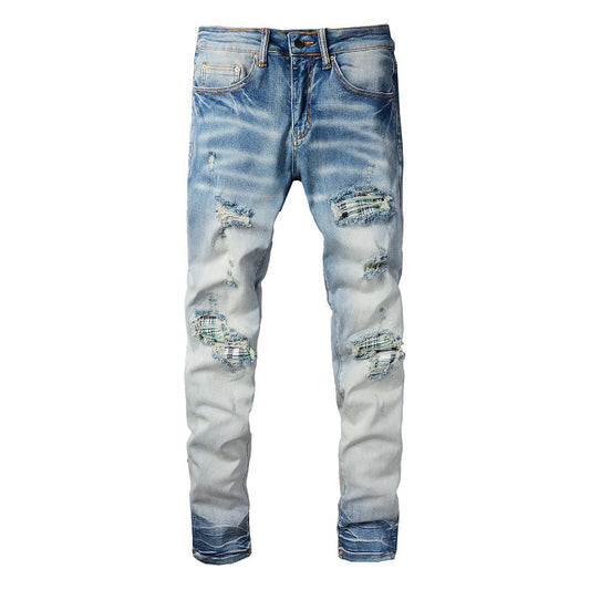 High Street Jeans Men's Ripped Patch Jeans Slim Fit Pants #833