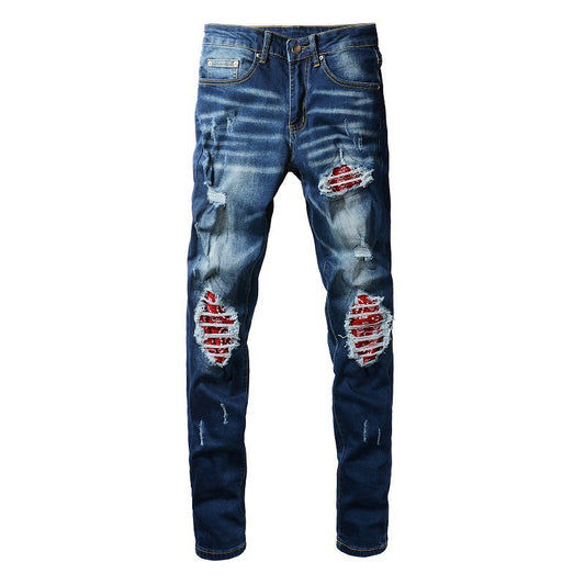 1318 High Street Ripped Patch Jeans Blue Men's Jeans Korean Version