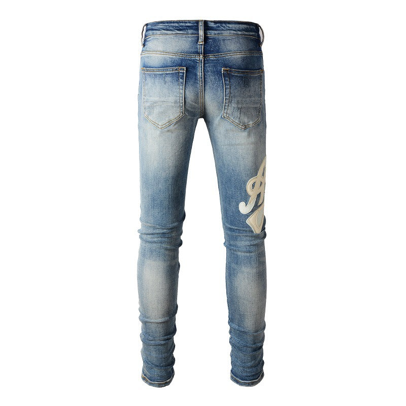 High Street Jeans Letter Sticker Leather Embroidery Elastic Slim Jeans Men #1311