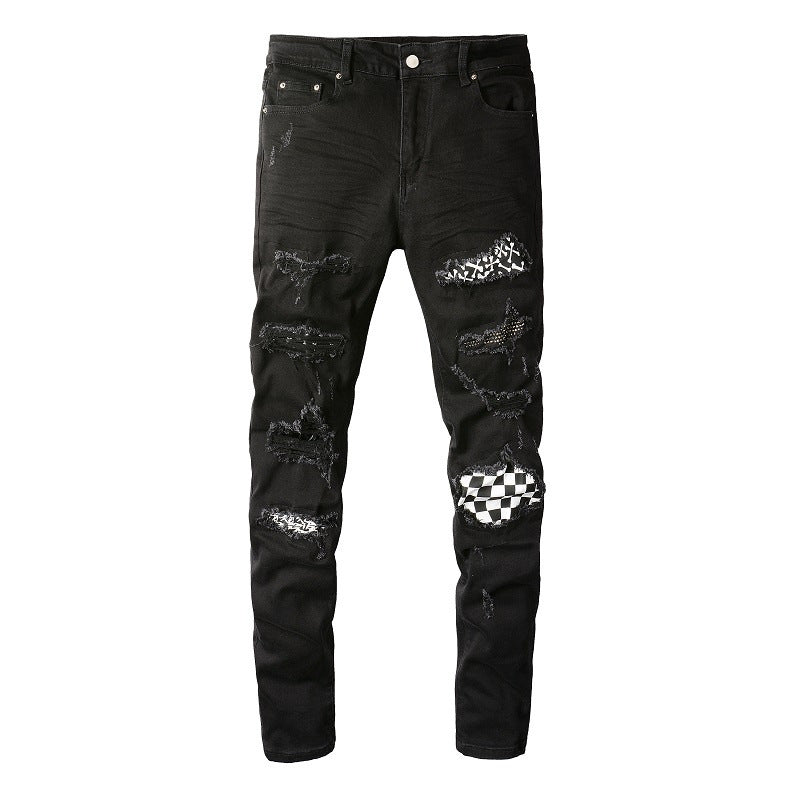8538 High Street Ripped Patch Diamond encrusted Thin Men's Jeans Slim Fit