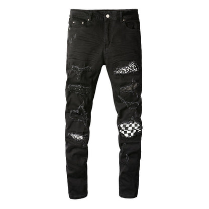 8538 High Street Ripped Patch Diamond encrusted Thin Men's Jeans Slim Fit