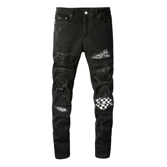 8538 High Street Ripped Patch Diamond encrusted Thin Men's Jeans Slim Fit