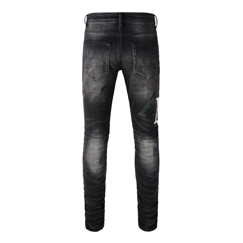 Street Colorful Letter Embroidery Ripped Patch Slim fit Small Foot Jeans