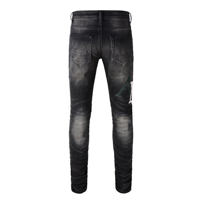 Street Colorful Letter Embroidery Ripped Patch Slim fit Small Foot Jeans