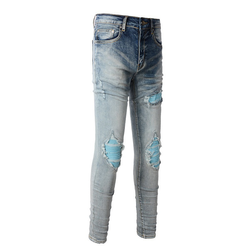 High Street Jeans Men's Ripped Eye catching Blue Patch Beggar Jeans Korean Version #1332