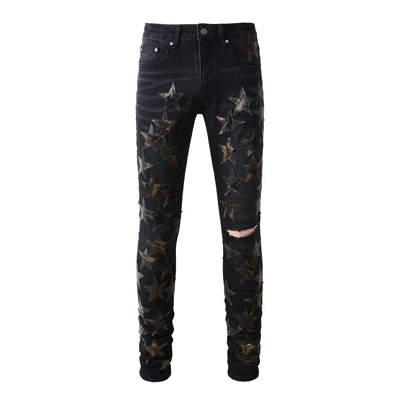 Ripped High Street Sticker Star Jeans High Craftsmanship Elastic Slim Fit #873